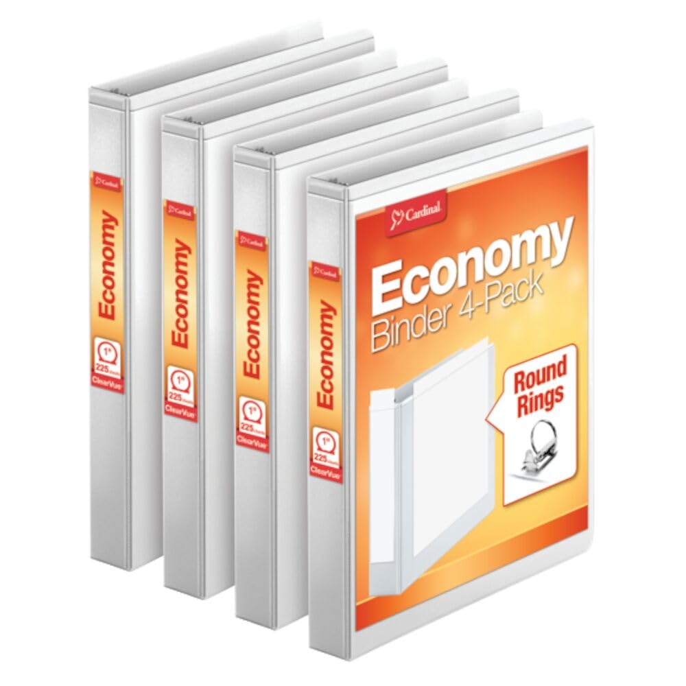Cardinal 1.5 Inch 3 Ring Binder 4 Pack and 1 Inch 3 Ring Economy Binder 4 Pack, Round Rings, White, Holds 350 and 225 Sheets Image