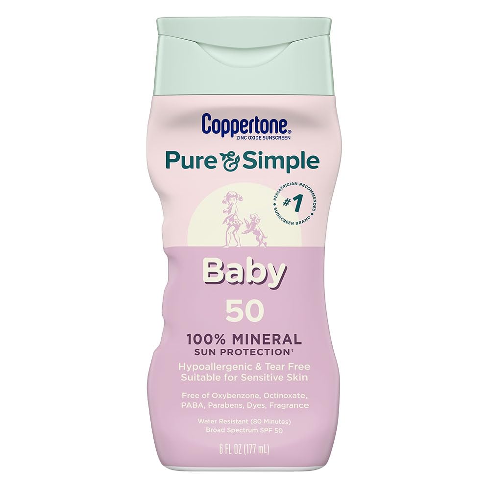 Photo 1 of Coppertone Pure and Simple Baby Sunscreen Lotion SPF 50, Zinc Oxide Mineral Sunscreen for Babies, Hypoallergenic and Tear Free, 6 Fl Oz Bottle