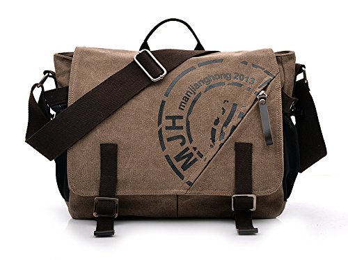 Ecokaki(TM) Vintage Printed Canvas Shoulder Bag Teenager School Students Messenger Bag Laptop Crossbody Bags Satchel Handbags, Coffee - Thumbnail 4