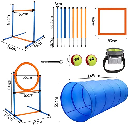 JMMPOO Agility Set Dogs, 65-Piece Agility Equipment for Dog Training Games with Dog Tunnel, Hurdles, 8 Slalom Poles, Jump Ring, 2 Tennis Ball Toys, Break Box, Treat Bag, Carry Bag