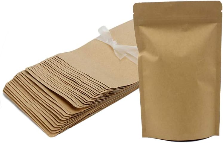 100 pcs Resealable Zip Lock Kraft Paper Foil Bag，Pouch Stand Up Heat Seal， Food Grade，Internal Aluminium Foil