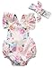 Canis Baby Girls' Full Flower Print Buttons Ruffles Romper Bodysuit with Headband (90(6-12M), White)