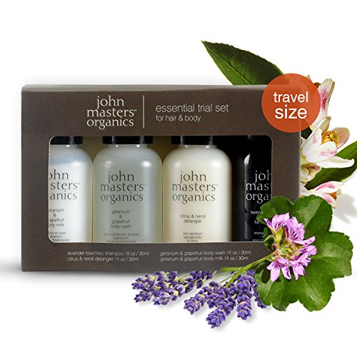 John Masters Organics - Essential Trial Set for Hair & Body - Lavender Rosemary Shampoo 1 oz, Citrus & Neroli Detangler 1 oz, Geranium & Grapefruit Body Wash - 4 oz