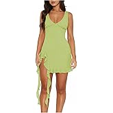 Floerns Women's Y2K Ruffle Mesh Tank Dress Open Back V Neck Party Club Asymmetrical Mini Dresses