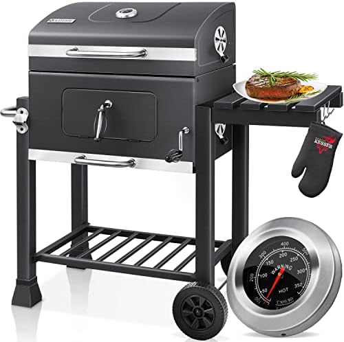® Chariot à Barbecue | Grill XL à Charbon de Bois avec Couvercle, Roues, poignée en Acier Inoxydable, Grille et thermomètre | Grand Barbecue au Charbon de Bois