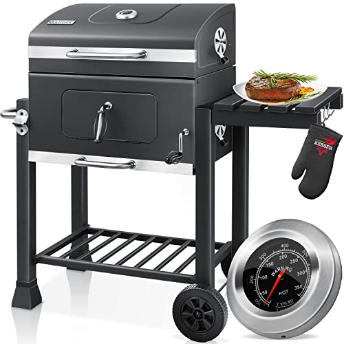 ® Chariot à Barbecue | Grill XL à Charbon de Bois avec Couvercle, Roues, poignée en Acier Inoxydable, Grille et thermomètre | Grand Barbecue au Charbon de Bois