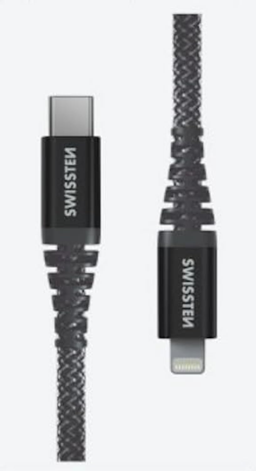 Swissten - Extremely Durable USB-C/Lightning Cable - Kevlar Fiber Reinforced - Charging and Data Transfer Cable - Supports Fast Charging up to 60W - 1.5m - Black