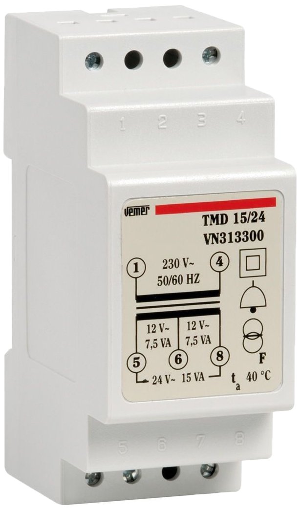 VEMER VN313300 Model TMD 15/24 DIN-Rail mounting Safety Transformer for discontinuous Service 230/12-24V