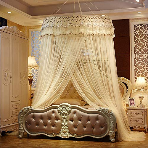 Mosquito net Luxury Princess Pastoral Lace Bed Canopy Net Crib, Round Hoop Princess Girl Pastoral Lace Bed Canopy Mosquito Net Fit Crib Twin Full Queen Extra large Bed 53in large diameter ,Beige