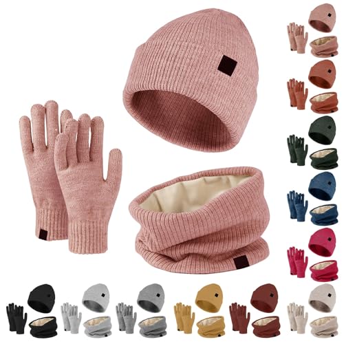 Hat Scarf and Gloves Set Ladies Thermal Warm Knitted Beanie Cap Men Soft Fleece Brushed Inner Lining Elastic Circle Neck Warmer Thicken Touchscreen Gloves Winter Set