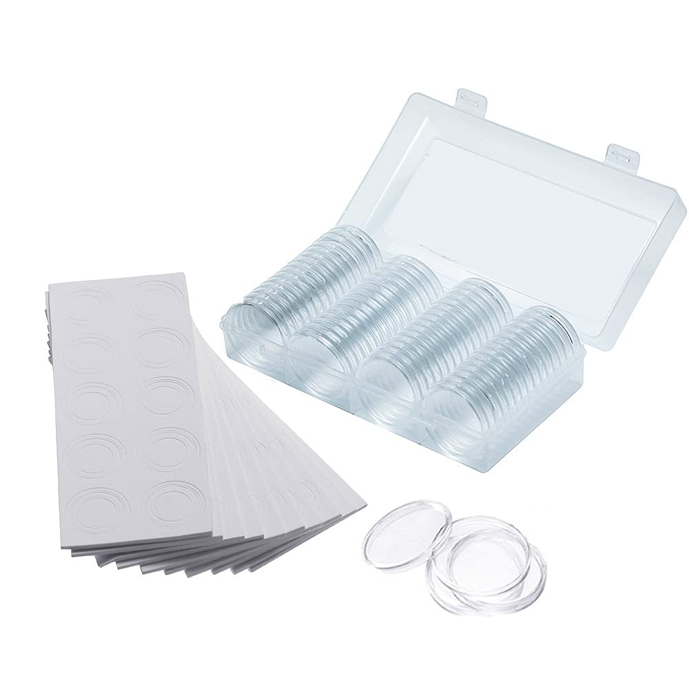 Jiusion 60 Pieces EVA Plastic Coins Case Container Holder Capsules Round Supplies with 1 Piece Storage Organizer Box and 60 Pieces Protective Foam Gasket for 19mm - 41mm Coins Collection
