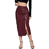 HERBATOMIA Women's Faux Leather Long Skirt High Waisted Asymmetrical Trendy Side Slit Work Pencil Midi Skirts for Women