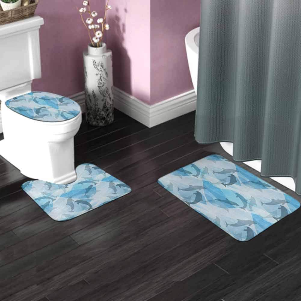 Sea Animals 3Piece NonSlip Bath Mat Rug Set Dolphin Fish Pattern