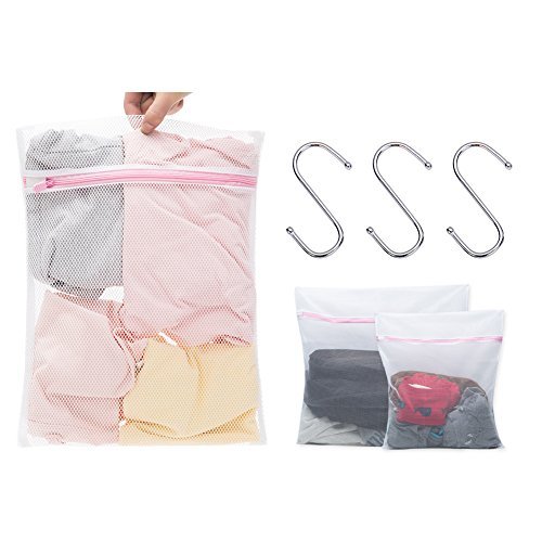 Mesh Laundry Bags – Pack of 6 (1 Large + 1 Medium + 1 Small + 3 S Shaped Hanging Hooks) – Best Zipper Wash bag for Laundry, Blouse, Hosiery, Stocking, Underwear, Bra and Lingerie
