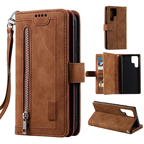 EYZUTAK Wallet Phone Case for Samsung Galaxy S23 Ultra, Retro Matte 9 Card Holder Slots Zipper Pocket Case PU Leather Magnetic Closure Kickstand with Wrist Strap Folio Flip Case - Brown