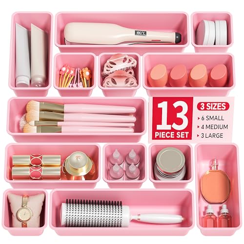 Canfanni 13 Pack Plastic Drawer Organizers Set, 3 Sizes Desk Drawer Organizer