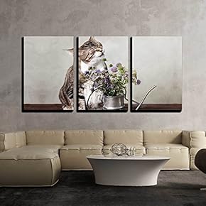 Cat with Flowers in Old Decorative Watering Can x3 Panels