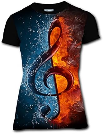 Music Note Pattern Women's Original Design Short Sleeve T-shirts Crew Neck Tops M