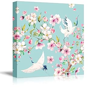 Square Canvas Wall Art - Light Blue Watercolor Style Painting a Two Cranes Blooming Tree Branch - Giclee Print Gallery Wrap Modern Home Art Ready to Hang - 12x12 inches