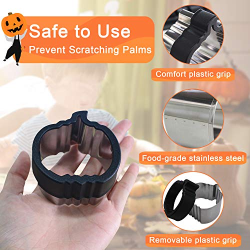 Tifeson 12 Pack Halloween Cookie Cutters Set, 11 PCS Stainless Steel Sandwich Cutter Molds with Comfort Grip, 1PC Rolling Pin for Halloween Party (Include Pumpkin, Witch Hat, Bat, Ghost Mold)