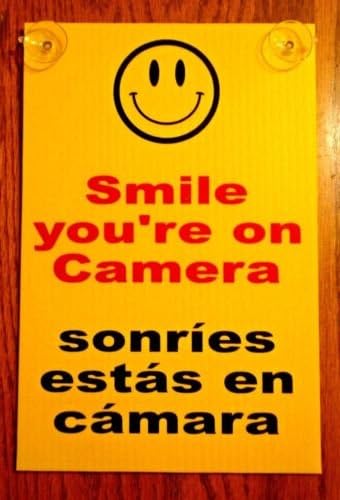 VINBOX SMILE YOU'RE ON CAMERA SIGN 8'',x12'', w/Suction Cups Security Surveillance Spanish