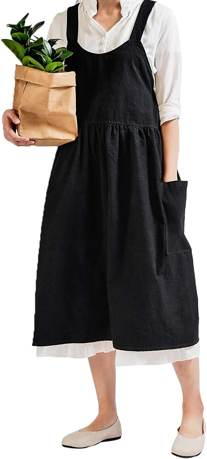 Upxiang Women Retro Literature Art Cotton Linen Cross Back Apron Flower Shop Clothing Cafe Kitchen Cooking Casual Apron;