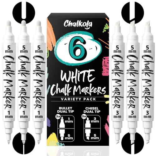 Chalkola 6 White Chalk Markers - Bullet & Chisel Dual Tip (1mm, 3mm, 5mm) | Erasable Liquid Chalk Pens for Blackboard, Chalkboard Signs, Car Window, Bistro, Glass | Washable Chalkboard Markers