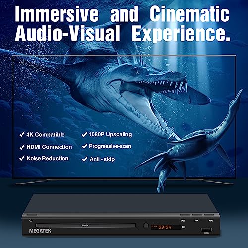MEGATEK Region-Free HDMI DVD Player for TV, Compact CD/DVD Player with USB Port, Plays All Region DVDs & Multi Formats, Metal Housing, HDMI/RCA Cables & Remote Included