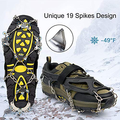 Crampons Ice Cleats for Shoes and Boots Women Men Kids Anti Slip 19 Spikes Stainless Steel Microspikes for Hiking Fishing Walking Climbing Jogging Mountaineering