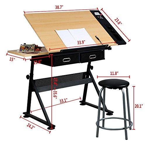 go2buy Drafting Drawing Table Tiltable Tabletop, Adjustable Height, Edge Stopper for Reading, Writing