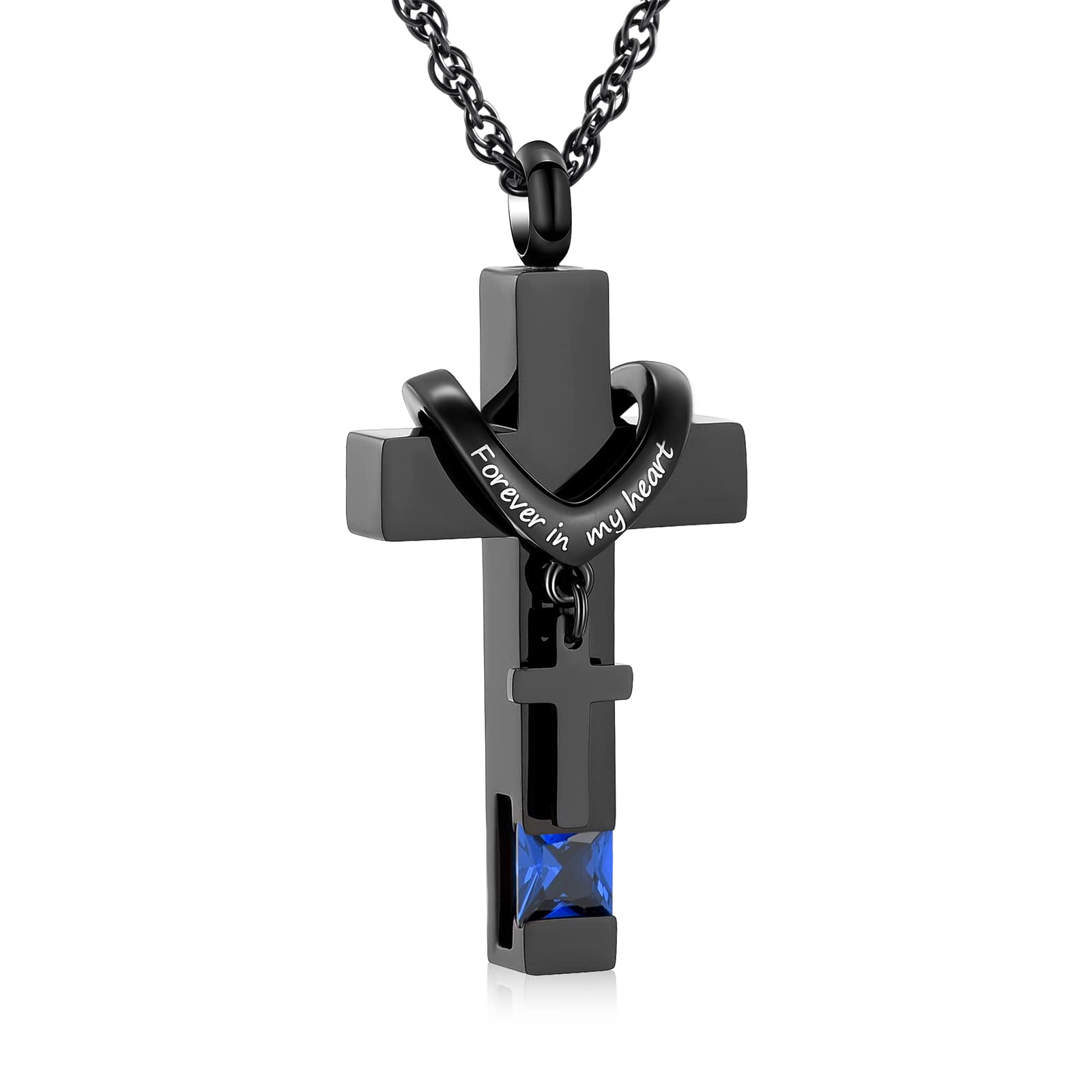 shajwo Cremation Cross Urn Necklace for Ashes Jewelry for Women Men Memorial Keepsake Birthstone Pendant for Human Pet,Dark Blue