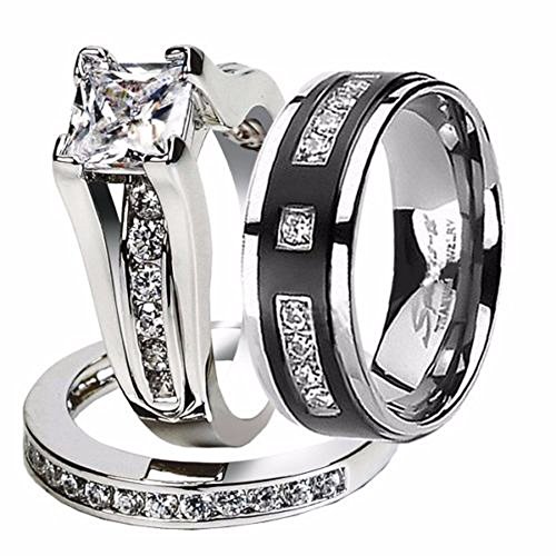 Marimor Jewelry Hers and His Stainless Steel Princess Wedding Ring Set & Titanium Wedding Band Women's Size 05 Men's Size 12