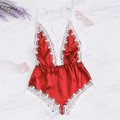 Clearance! Women Lingerie Bodysuit Satin Pajamas Teddy Lace V-Neck One Piece Sleepwear Shorts Jumpsuit Romper (Red#1, XXXL)