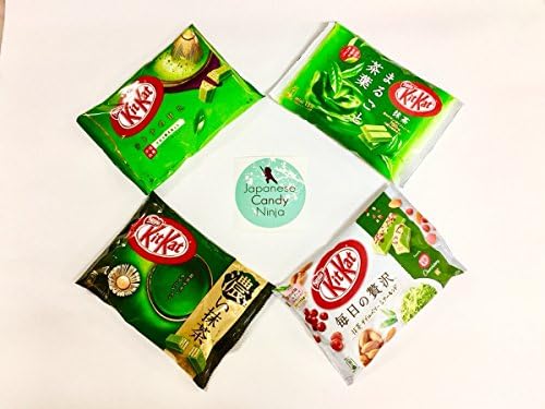 Kit Kat Japanese Matcha Variety Set -- Green Tea 4 -- [Standard Matcha / Matcha and Green Tea Leaf / Strong Doubled Matcha / Luxury Matcha with Cranberry and Almond] with original Japanese Candy Ninja sticker