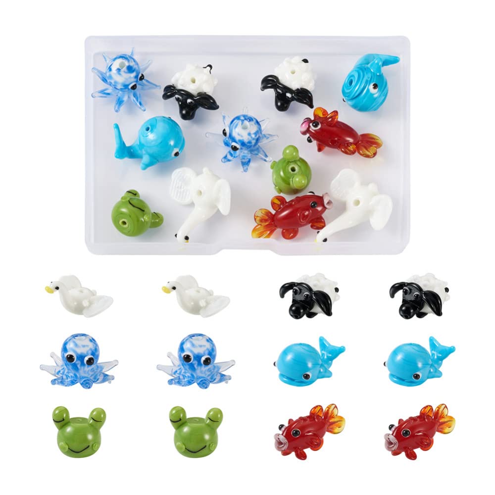 Boutigem 12Pcs Lampwork Beads Goose Sheep Whale Goldfish Octopus Frog Animal Beads for Jewelry Making DIY Bracelet Necklace Fish Tank Decor — image 1