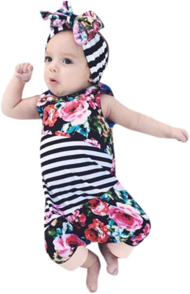 Carolui Toddler Infant Baby Twins Girl Sleeveless Romper Floral Striped Playsuit+Hairband