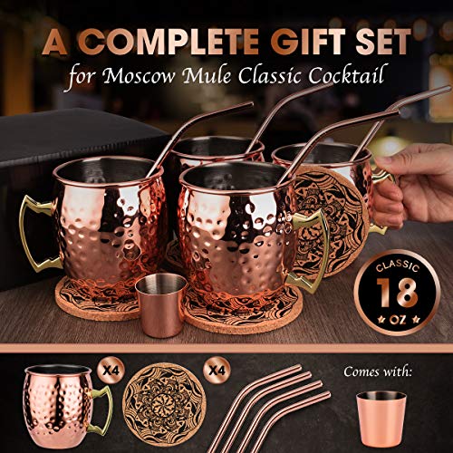 Eligara Moscow Mule Becher Kupferbecher Gehämmert und Handgefertigt Kupfertassen mit 4 Gläsern, 4 Untersetzer, 4… – Bild 6