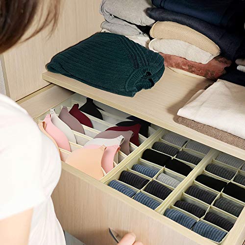 LotFancy Underwear Drawer Organizers, Set of 4, Washable Closet Sock Organizer Divider, Foldable Fabric Dresser Storage Box for Bra, Handkerchiefs, Ties, Undergarment, Belt, Panties, Yellowish Beige