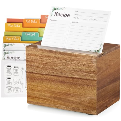 DRASTAR Acacia Wood Recipe Box, Recipe Holder with 100 Cards and 6 Dividers, 4x6 Recipe Card Box Set, Index Card Box