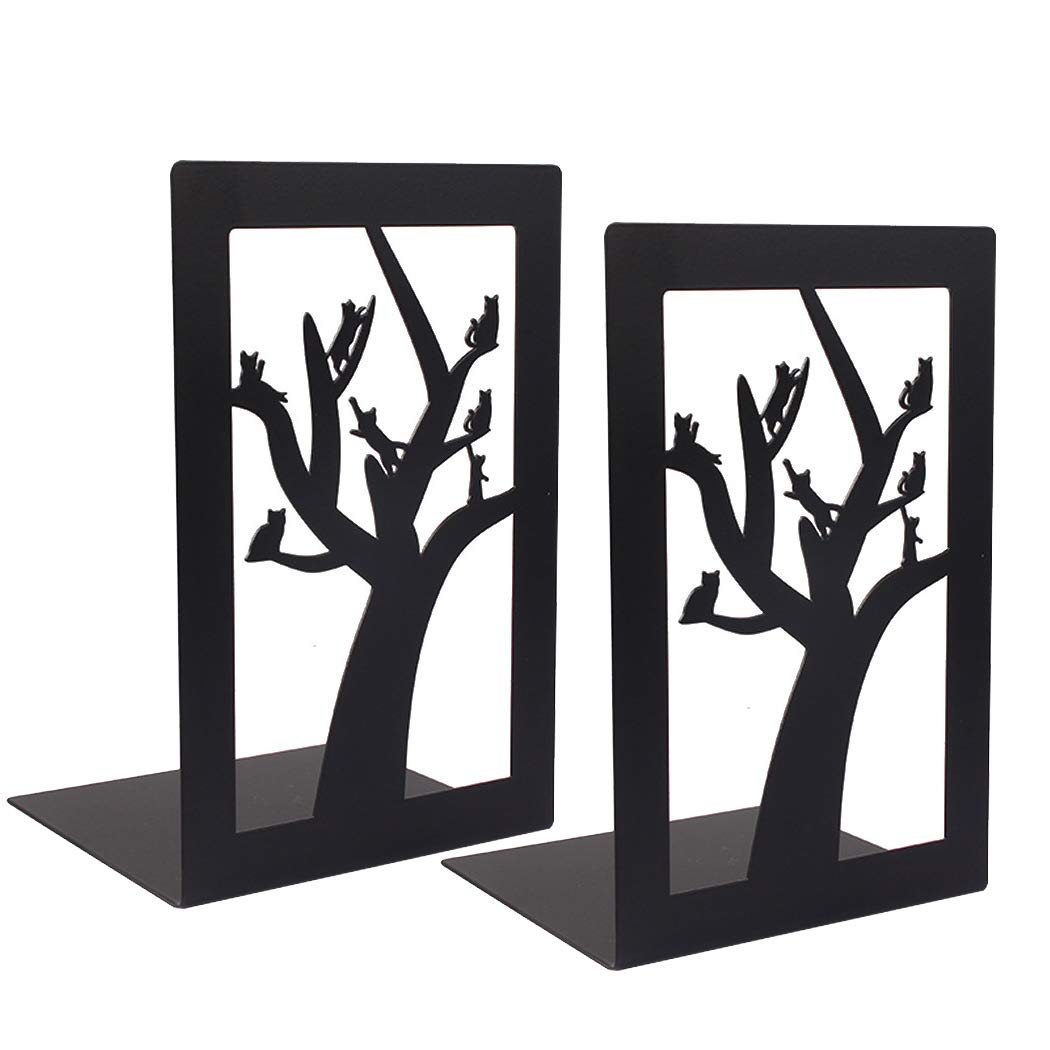 SIPLIV Minimalist Style Bookends Metal Adjustable Non Skid Books Holder Stand Book Rack Desk Bookends for School, Library, Home or Office - Tree (Black, 1 Pair)