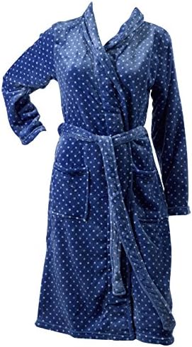 Ladies Soft Fleece Polka Dot Dressing Gown Shawl Collar Spotty Wrap Around Bathrobe Small (Blue)