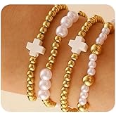 Cross Bracelets for Women Trendy Gold Beaded Stackable Bracelets Dainty Preppy Bracelet Set Simple Pearl Stretch Bracelet Charm Jewelry Gift