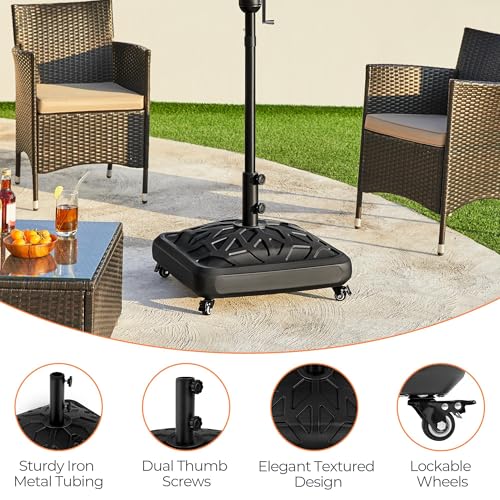 Yaheetech Fillable Mobile Umbrella Base, Heavy Duty Patio Umbrella Pole Holder for Outdoor 4 Wheels, 4 Locks 2 Knobs 123lb Capacity for Deck, Poolside, Garden, Black-Checkered