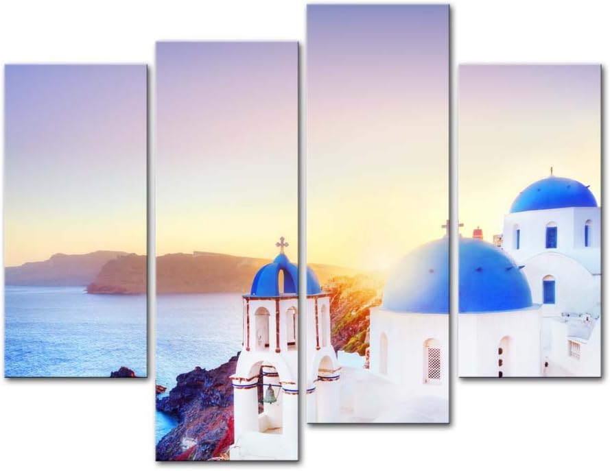 Amazon Com Wall Art Decor Poster Painting On Canvas Print Pictures 4 Pieces Oia Town Santorini Greece Sunset White Blue Buildings Architecture Aegean Sea Framed Picture For Home Decoration Living Room Artwork Posters