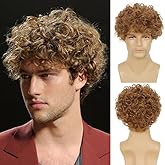Beweig Mens Short Curly Light Brown Wig with Bang Synthetic Cosplay Halloween Costume Party Natural Hair Wig