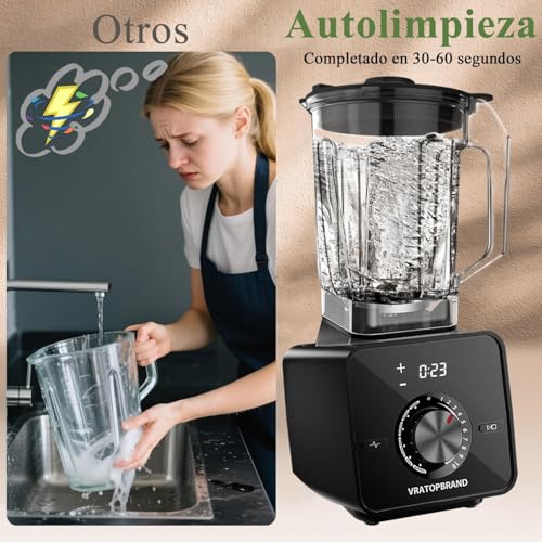 VRATOPBRAND Licuadora Profesional, Licuadora Autolimpiable con Vaso de 2L Apta para Lavavajillas, 10 Velocidades Ajustables, 6 Funciones (Modelo 107 de 1400W)