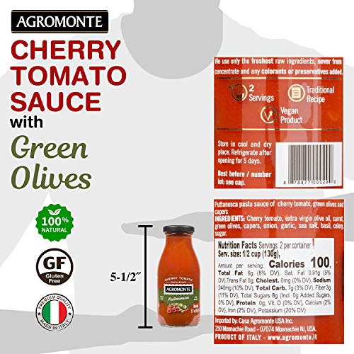 Agromonte Authentic Italian Cherry Tomato Pasta Sauce (Puttanseca) with Olives and Capers - Taste of Italy Gourmet Foodie and Chef Gift - Certified Kosher, Gluten-Free, All Natural 9.17oz (single) - Thumbnail 2