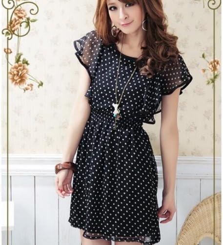 Amazon ドット柄お嬢様風ワンピース 清潔感あふれるシフォン ブラック L ワンピース チュニック 通販