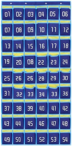Numbered Classroom Pocket Chart for Cell Phones/Calculators/Id Card/Student Card/Key and Other Small Items (Brown,Blue,Pack of 1) (54pockets, Blue)