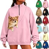 JOASDAO Half Zip Pet Pouch Sweatshirts Women Autumn Winter Long Sleeve Quarter Zip Warm Cosy Lightweight Fleece Jumper Cute Cat Dog Puppy Holder Sweater Pullover Tops Sky Blue